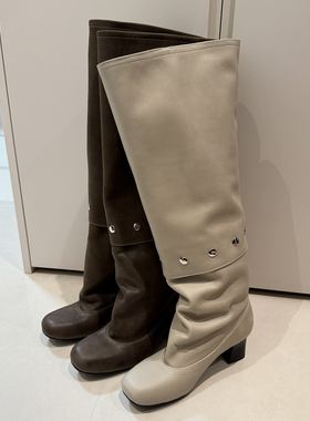 圆版皮风格！paloma wool长靴复古粗跟拼接褶皱堆堆裤管靴牛仔靴