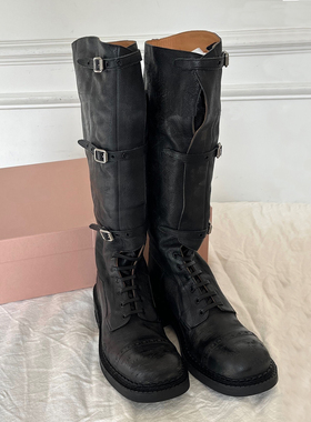 蒿版本！秋冬战损版厚底不过膝长筒靴复古擦色马丁靴搭扣骑士靴女