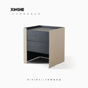极简轻奢床头柜高级感马鞍皮设计师简约卧室高颜值主卧XS新舍 意式