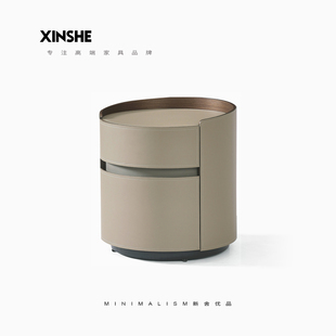 意式极简轻奢床头柜高级感马鞍皮圆形主卧设计师款简约创意XS新舍