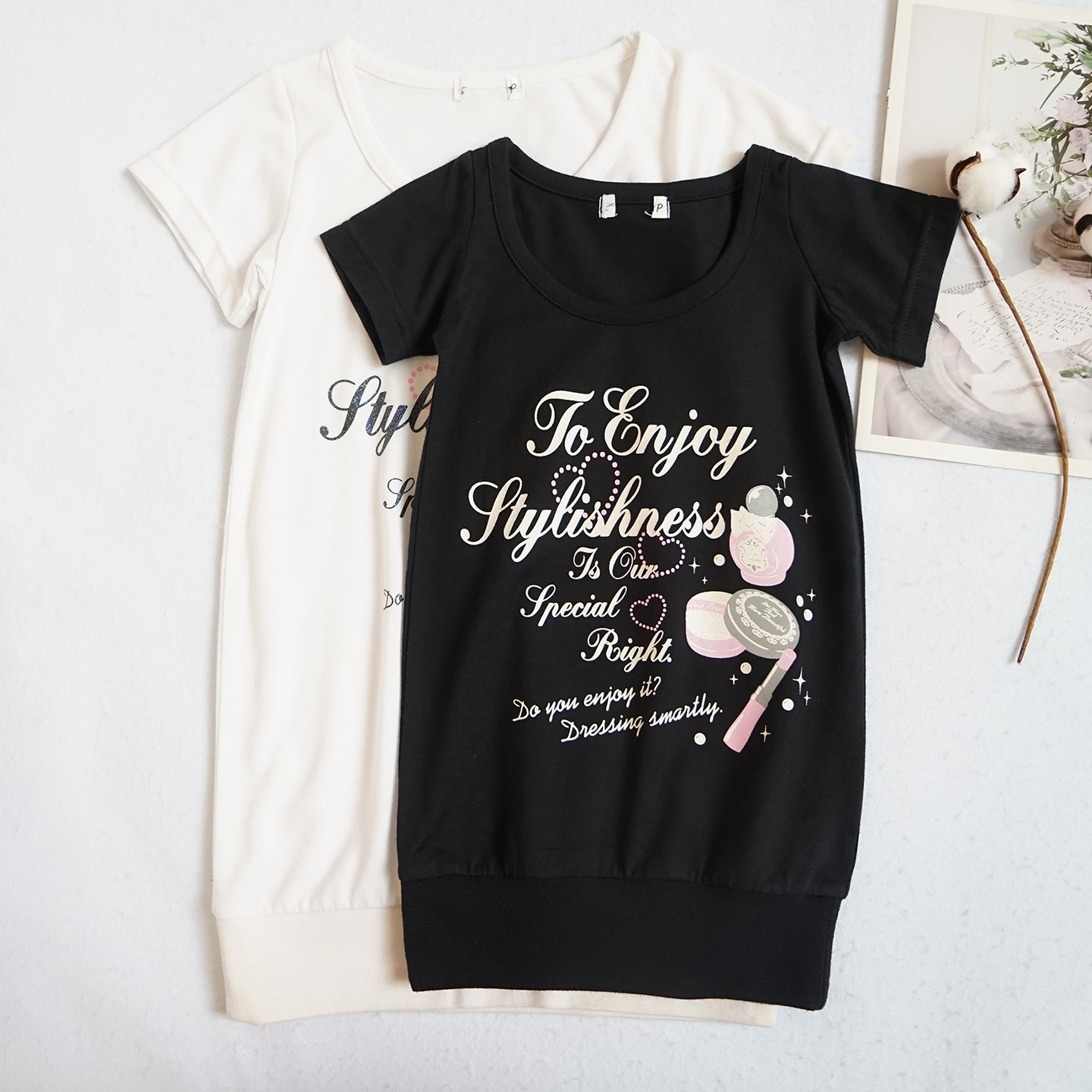 童装女孩短袖T恤上衣圆领儿童中长款字母夏季体恤衫白黑色 S35