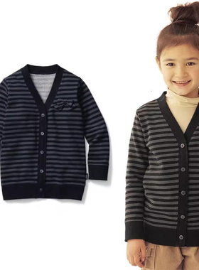 出口日系150码女童外套春秋款女孩纯棉条纹开衫长袖卫衣7701