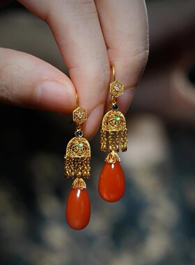 YGM复古楠红冰红色水滴耳坠女经典气质古法镀镶红色百搭气质耳环