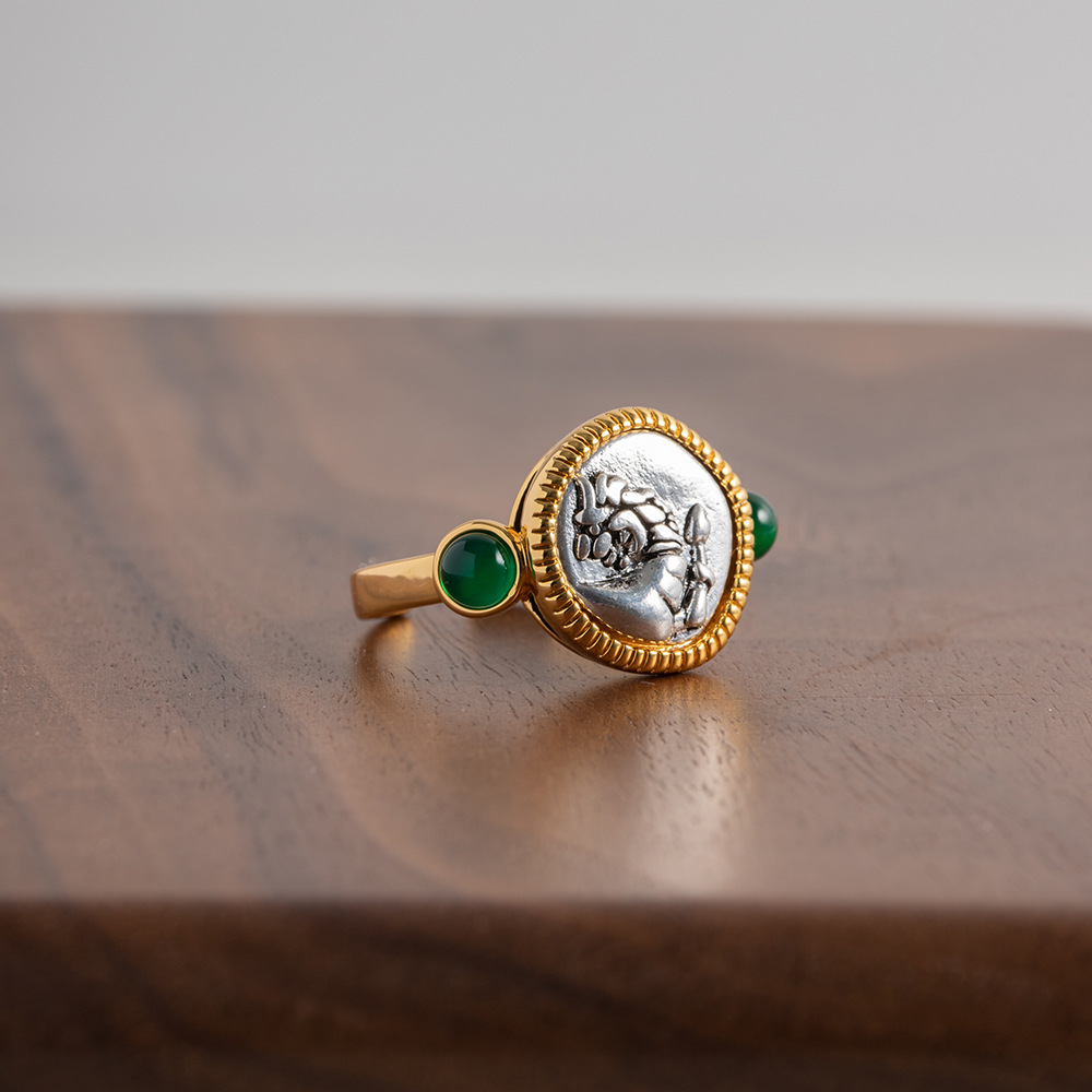 ygm   vintage复古小众古希腊醒狮古币戒指 做旧绿猫眼石重工饰品