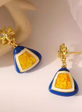 YGM上耳惊艳！巨好看！中长款复古蓝色滴油小众设计几何吊坠耳饰