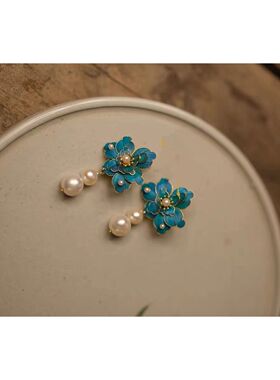 YGM新中式复古蓝色花朵耳环女小众高级气质名媛旗袍汉服耳饰