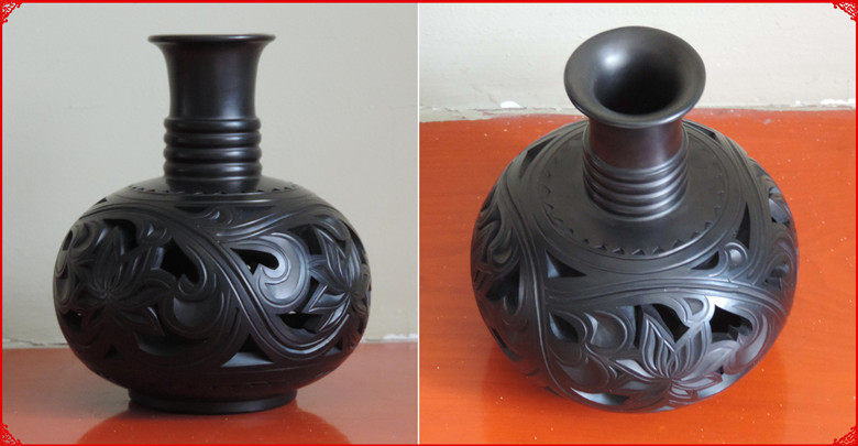 手工陶器摆件河北特产-邯郸特产-龙山文化代表-黑陶-镂空天球瓶