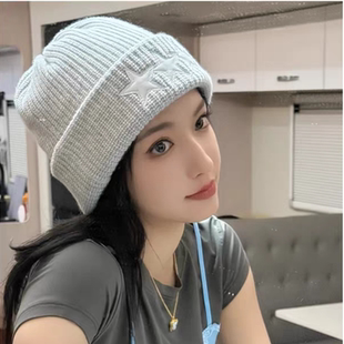 程潇同款灰色星星毛线帽子女2025新款秋冬保暖韩版百搭双层针织帽