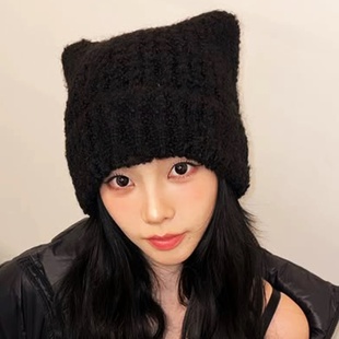 柳智敏同款猫耳朵针织帽子女秋冬可爱毛线帽加厚包头护耳百搭冷帽