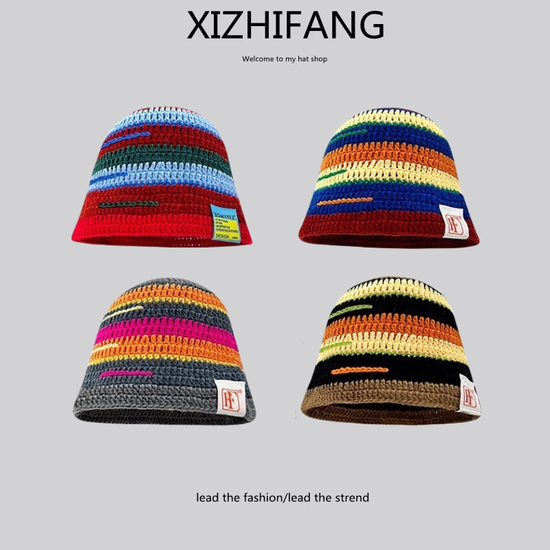 2024新款小众手工毛线帽子女春秋天彩色多巴胺撞色条纹针织渔夫帽