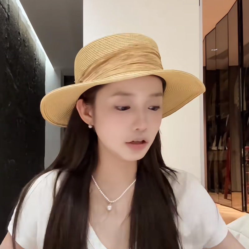 发财宅女同款平顶草帽女法式优雅皱褶丝带英伦风度假草编遮阳帽潮
