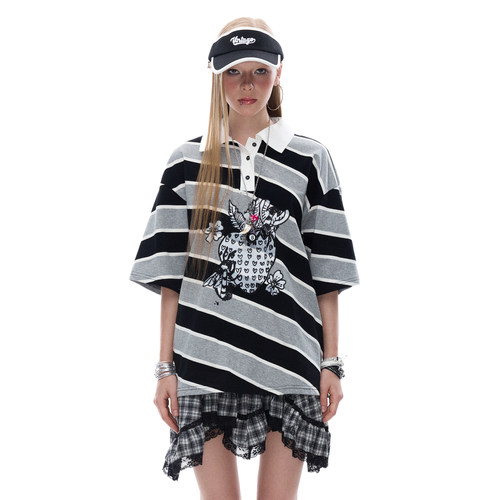 【现货48h】SUMIYAKI 27黑白条纹草莓印花polo短袖 双色