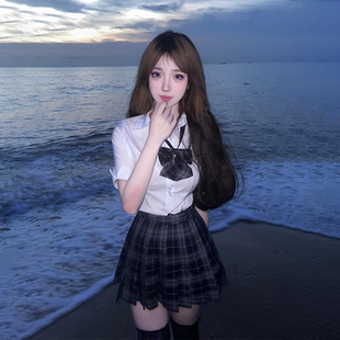 jk制服紧身显胸纯欲收腰衬衫学院风套装夏季原创格裙两件一整套女