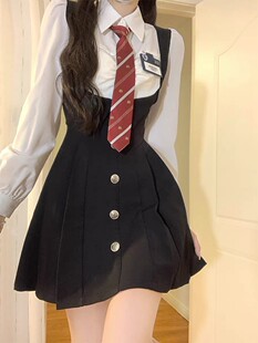 美式假两件套学院风jk制服套装甜辣收腰显瘦连衣裙长袖衬衫女春秋