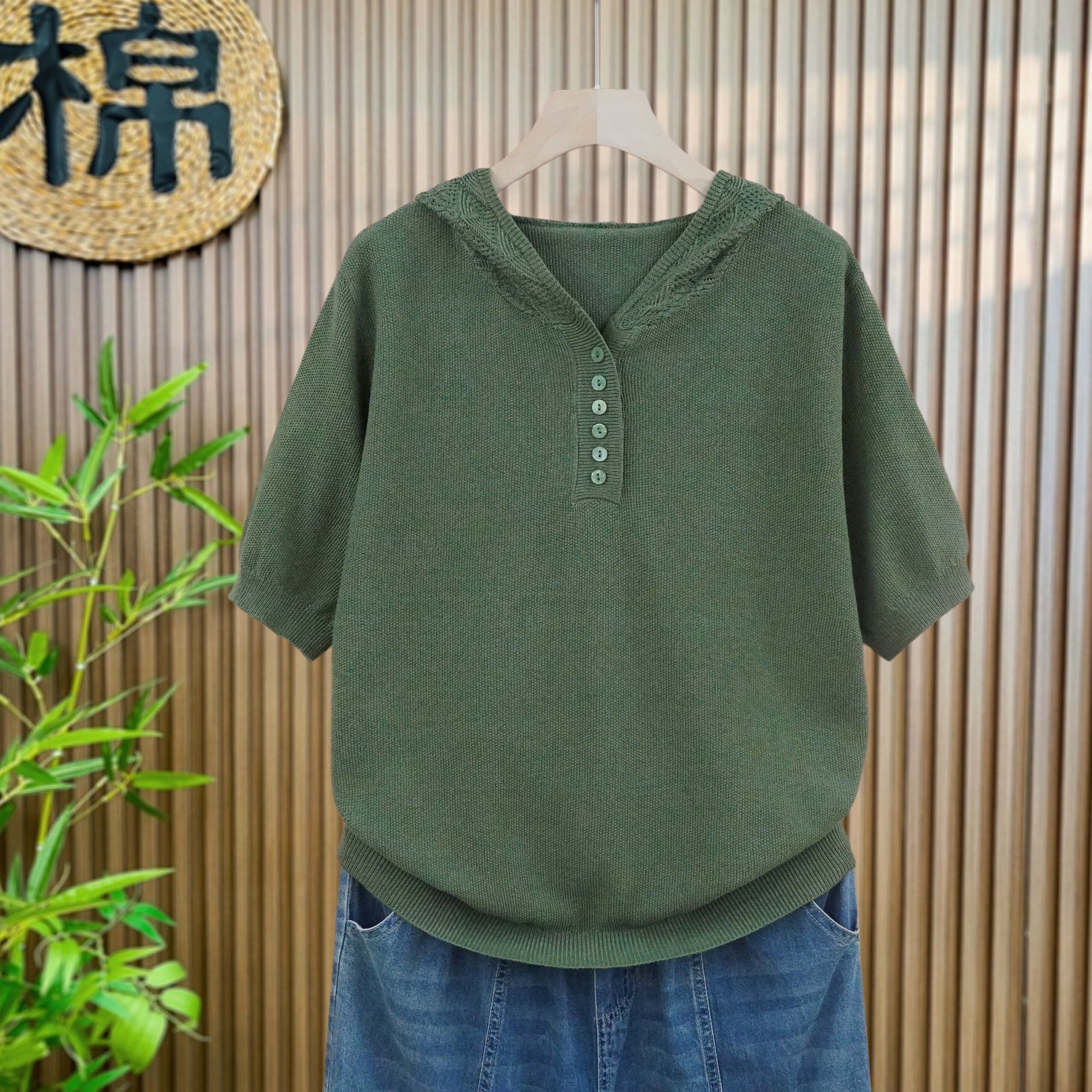 【夏季透气】超火韩系中袖连帽套头t恤女新款宽松针织衫短款上衣