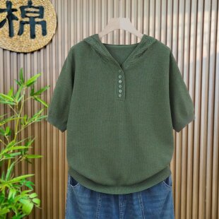 【夏季透气】超火韩系中袖连帽套头t恤女新款宽松针织衫短款上衣