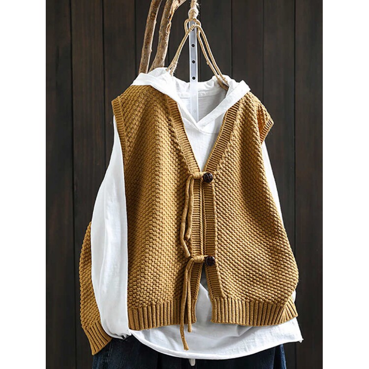 大码盘扣V领棉线针织马甲开衫女宽松显瘦秋休闲百搭无袖叠穿坎肩