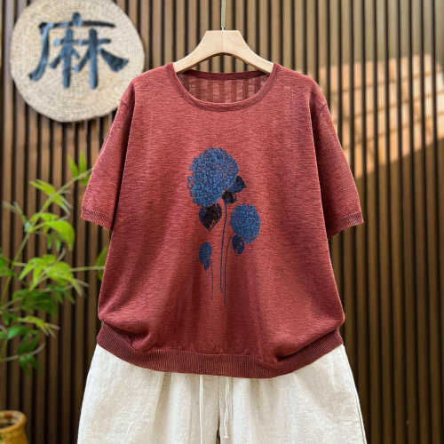 【夏季清凉】薄薄薄款圆领亚麻上衣针织短袖t恤女大码宽松显瘦