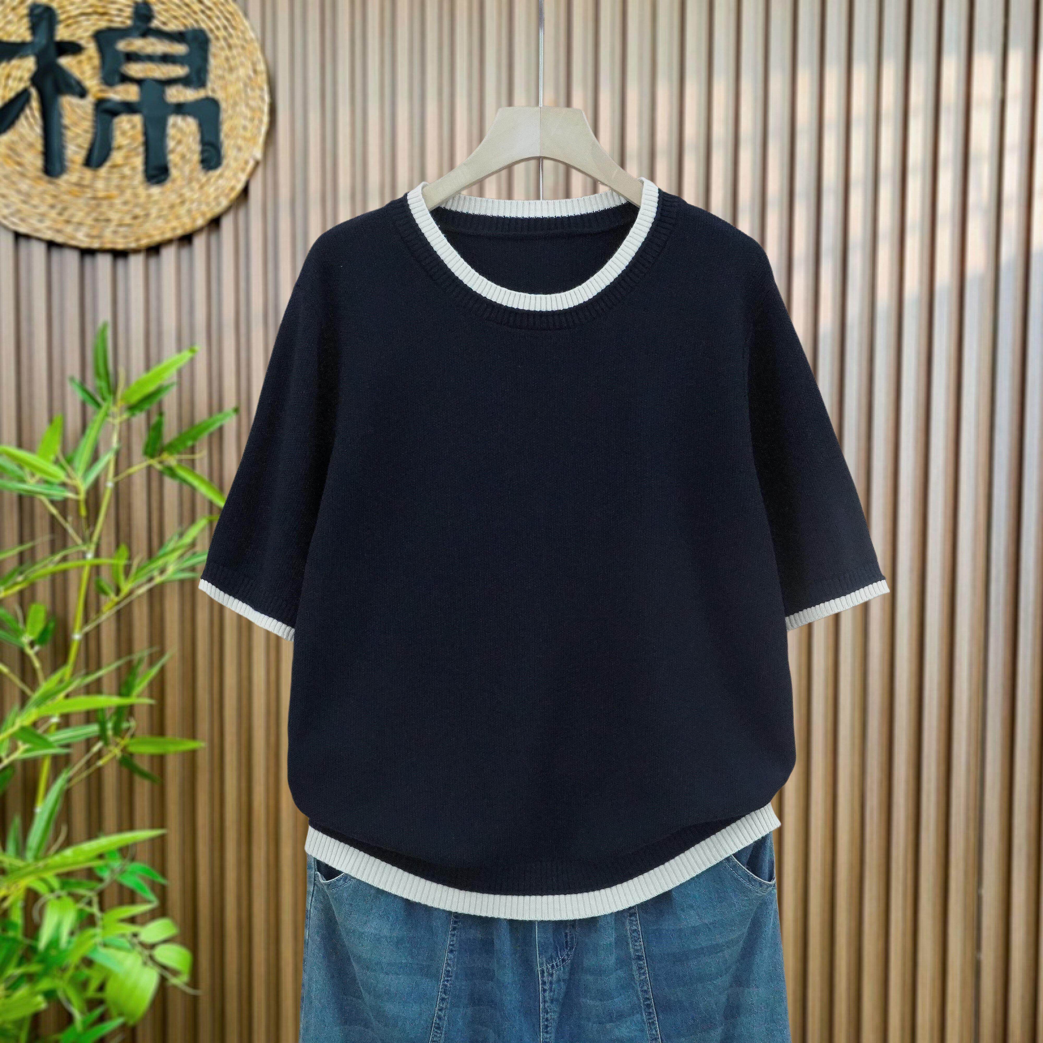 清凉夏季大码超火圆领短袖套头t恤女款宽松亚麻针织衫短款上衣