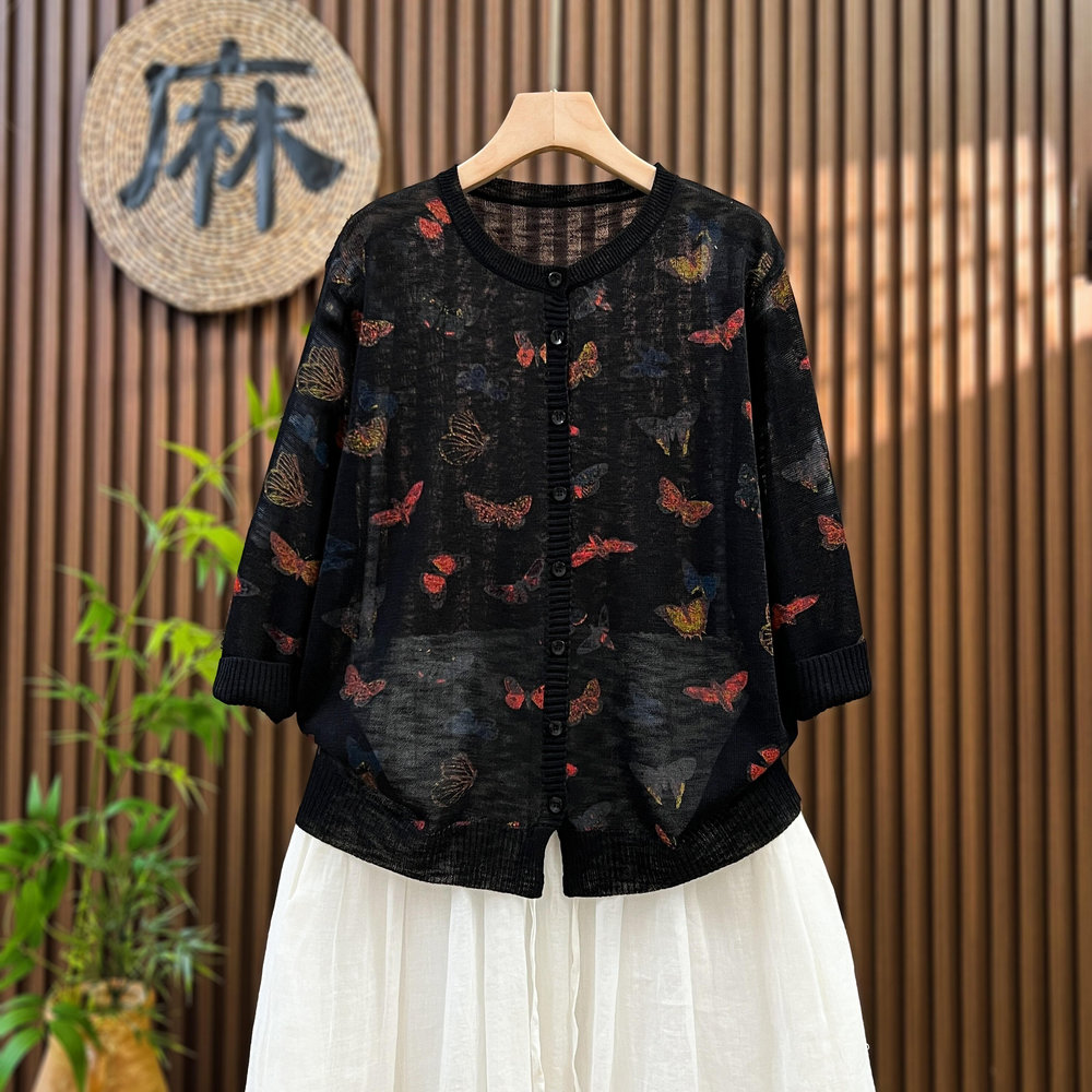 大码时尚宽松薄款竹节麻针织开衫女夏季印花亚麻防晒衫七分袖上衣