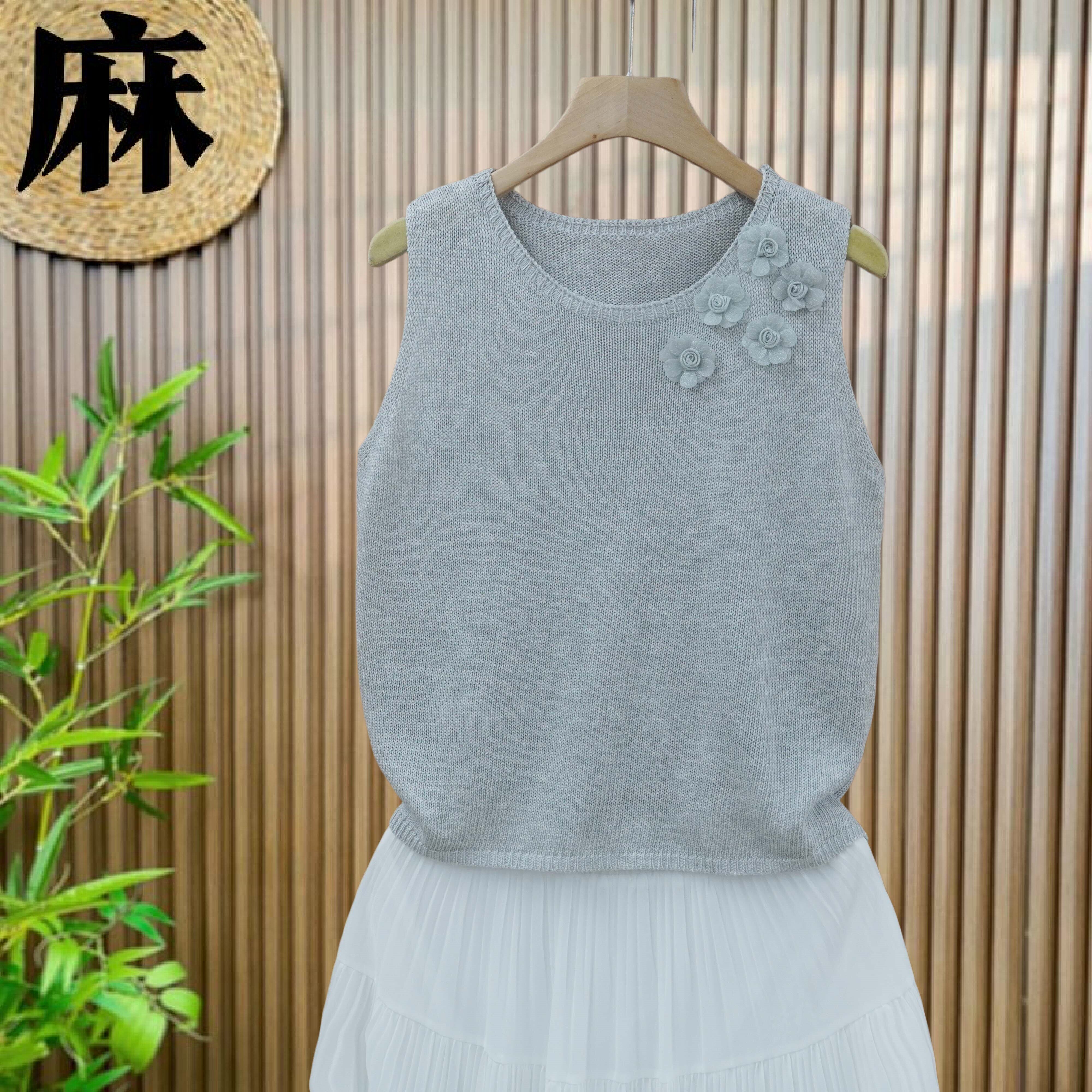 【清凉透气】T恤上衣夏季薄款亚麻针织马甲小背心女无袖罩衫吊带