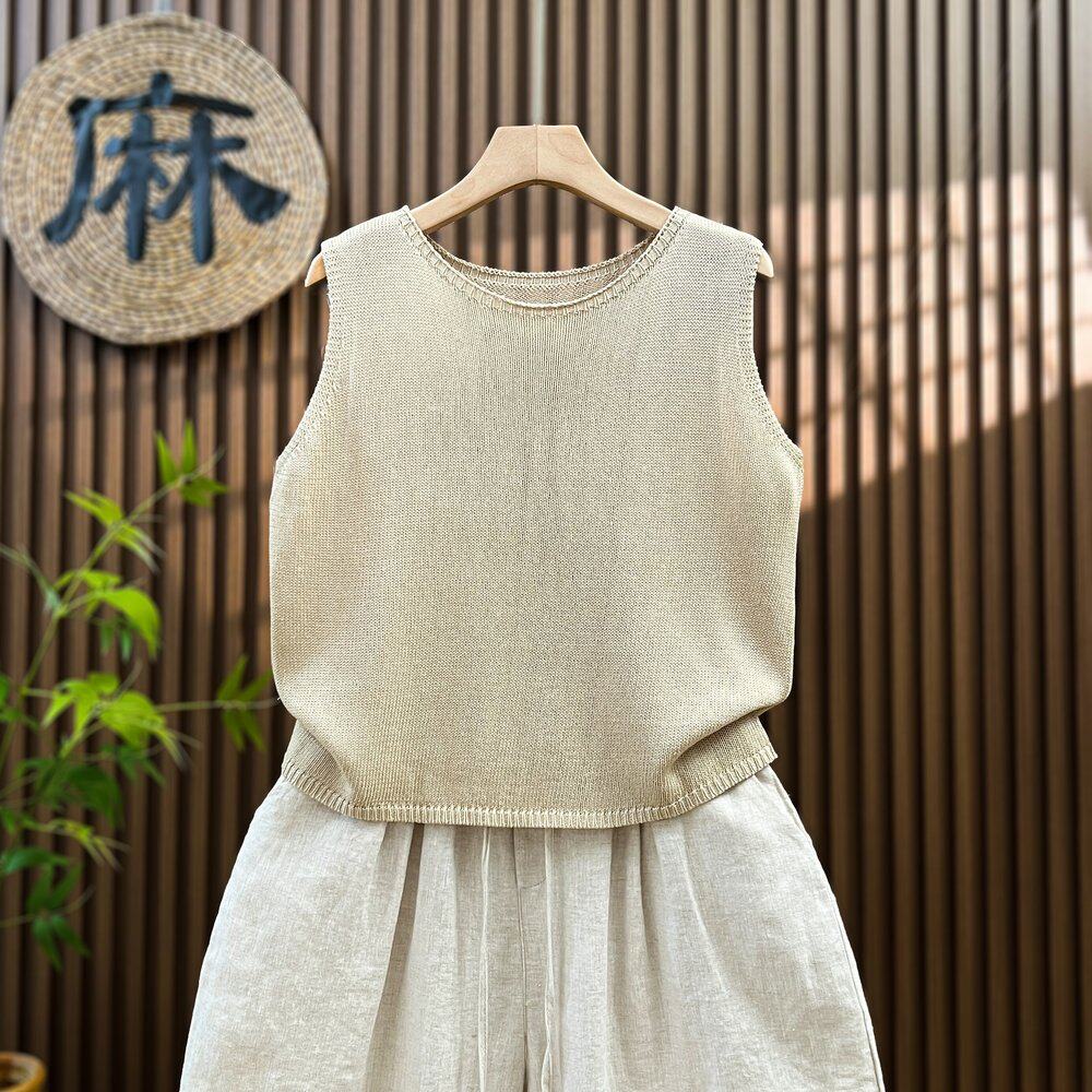 新款亚麻圆领针织马甲小背心女外穿夏季薄款宽松大码无袖上衣短款
