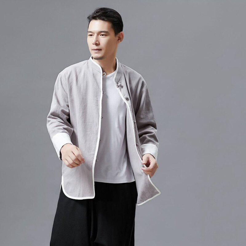 中国风春秋亚麻开衫中式复古立领唐装衬衣男外套长袖青年衬衫茶服