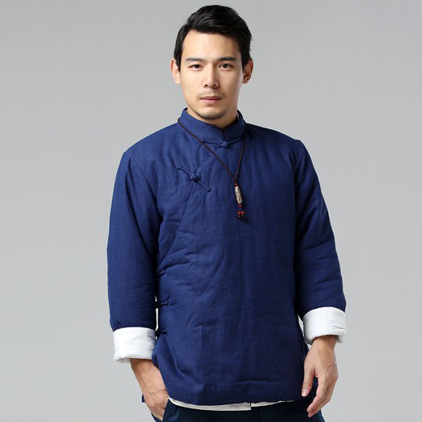 中国风立领斜襟苎麻休闲唐装棉服