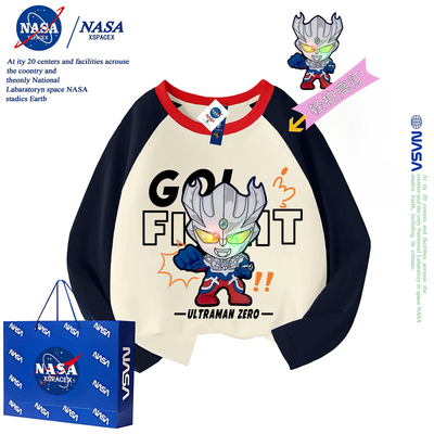 NASA联名发光赛罗奥特曼衣服纯棉长袖恤男童秋季新款拼色上衣潮