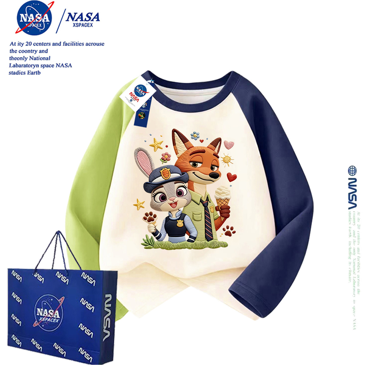 NASA联名疯狂动物城儿童拼色纯棉长袖T恤春秋装男童洋气卡通上衣