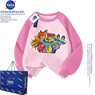 NASA联名迪士尼疯狂动物城2拼色加绒卫衣男女中大童新款秋冬上衣