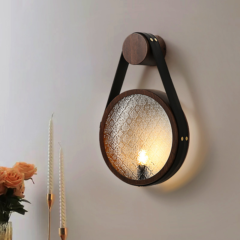 胡桃木色復古玻璃壁燈臥室床頭