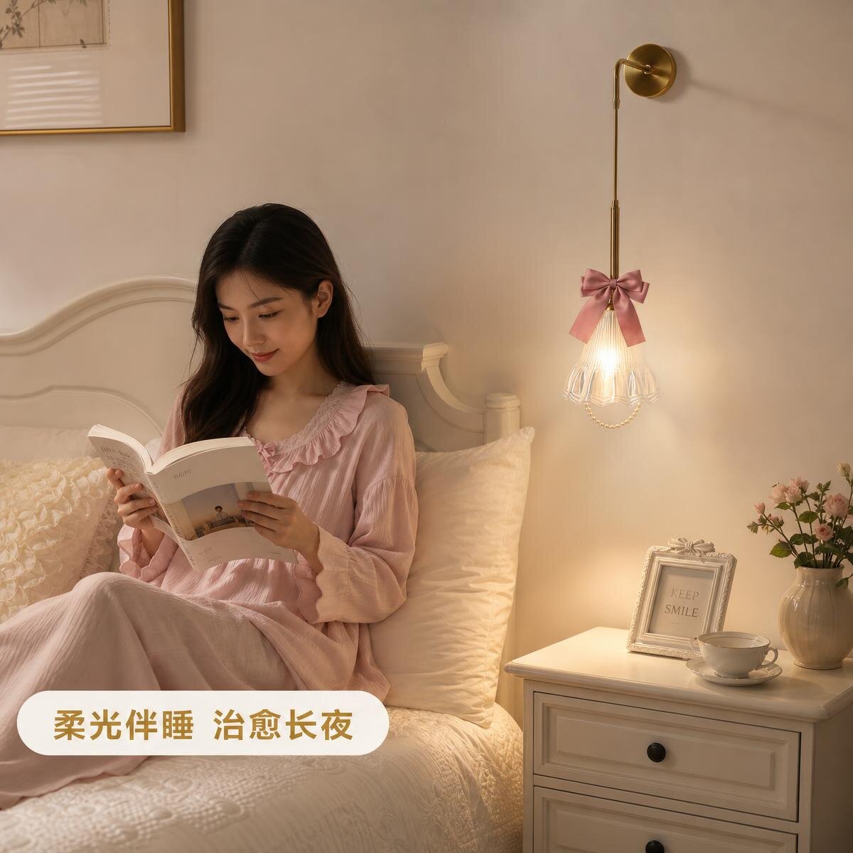 奶油风轻奢蝴蝶结床头壁灯