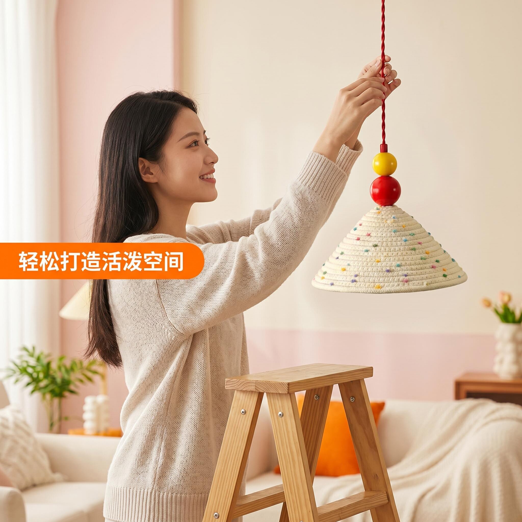 孟菲斯手工编织多巴胺护眼吊灯