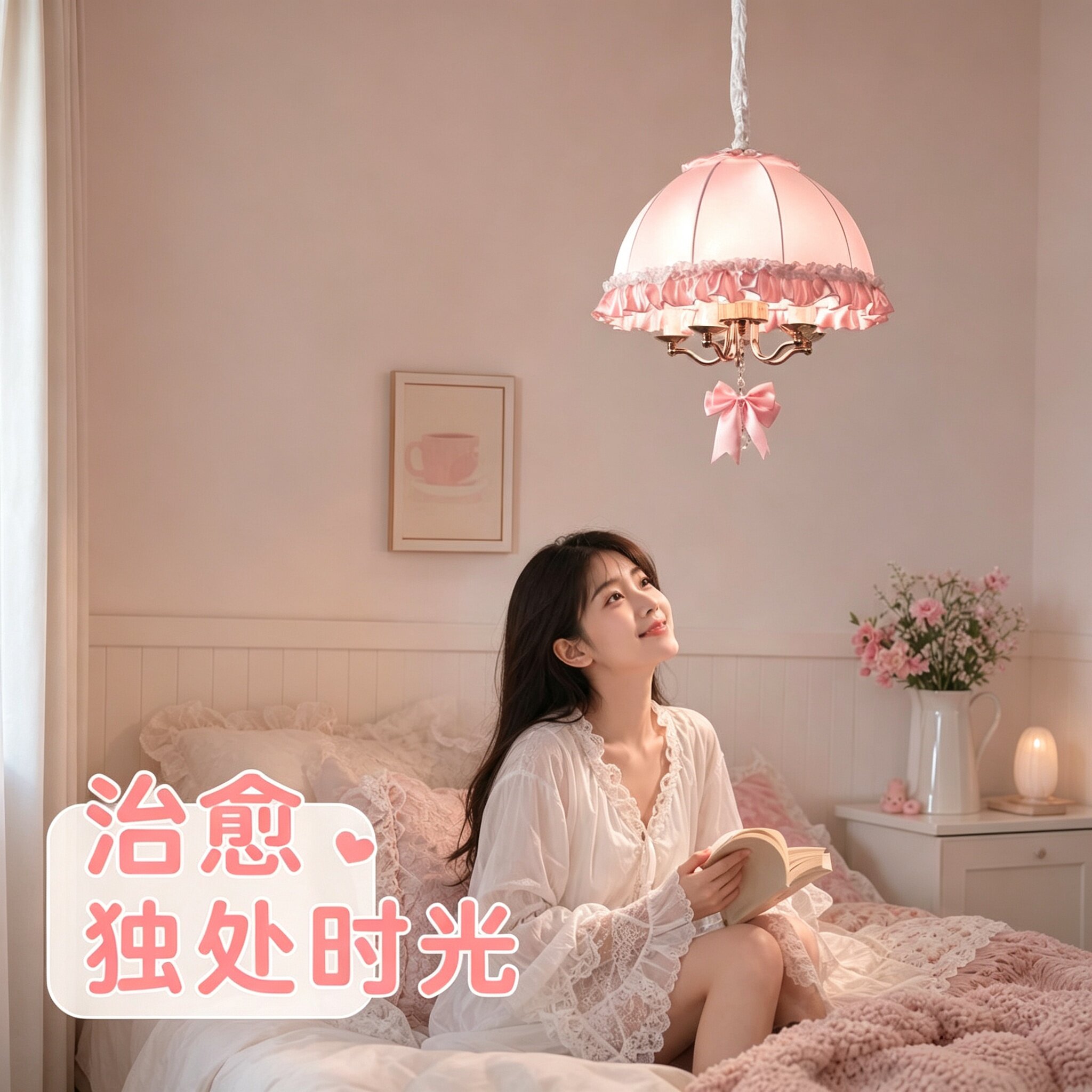 公主风粉色蝴蝶结卧室吊灯