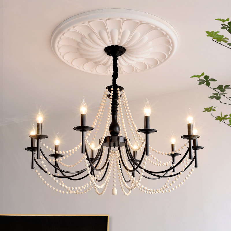 法式复古客厅吊灯黑色中古风蜡烛大厅主灯美式餐厅浪漫珍珠卧室灯