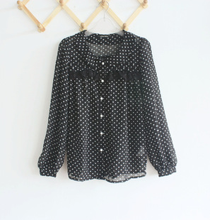 雪纺衬衫 宝娃娃领复古波点圆点蕾丝长袖 元 外贸原单出口日单春秋季
