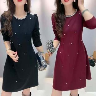 打底A字裙子女 连衣裙赫本风显瘦洋气时尚 2024秋冬新款 串珠领长袖