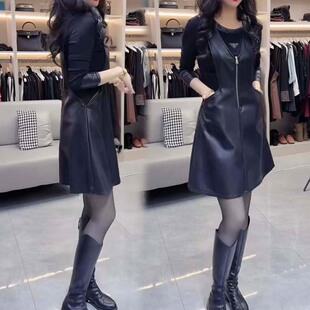 秋冬新款轻奢黑色PU皮无袖连衣裙女显瘦拉链拼接收腰背心打底裙子
