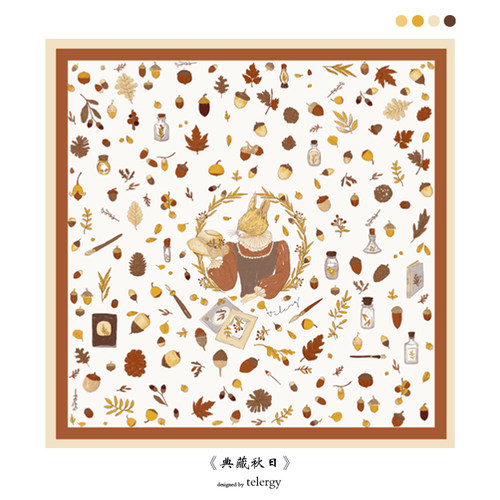 浮梦灵犀 原创秋季手绘真丝斜纹绸小方巾礼物绑包手卷边/典藏秋日