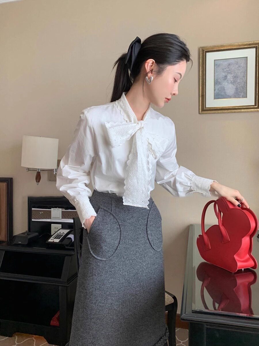 GROVE FOREVER 봄 가을 겨울 프랑스 스타일 화이트 스탠드 칼라 셔츠 여성 고급 가디건 탑