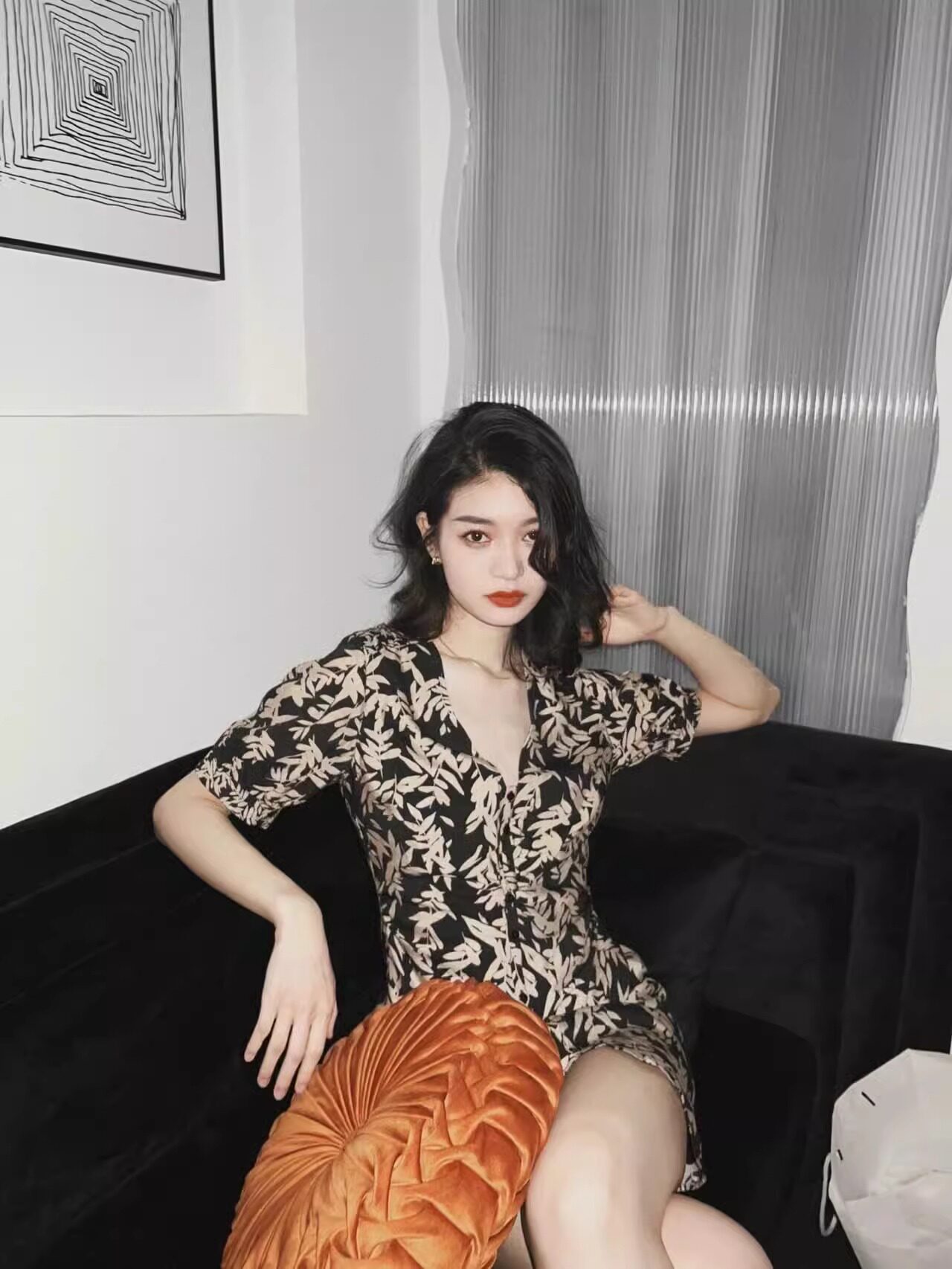 GROVE FOREVER 새 여름 프린트 반팔 드레스 여성 브이넥 하이엔드 슬림 꽃무늬 스커트