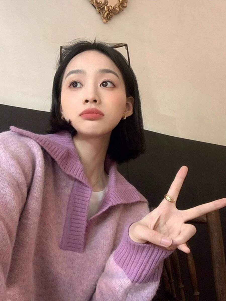 GROVE FOREVER 봄 가을 신상 고단 니치 니트 스웨터 대비색 라펠 스웨터