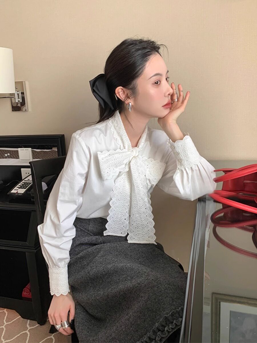 GROVE FOREVER 봄 가을 겨울 프랑스 스타일 화이트 스탠드 칼라 셔츠 여성 고급 가디건 탑