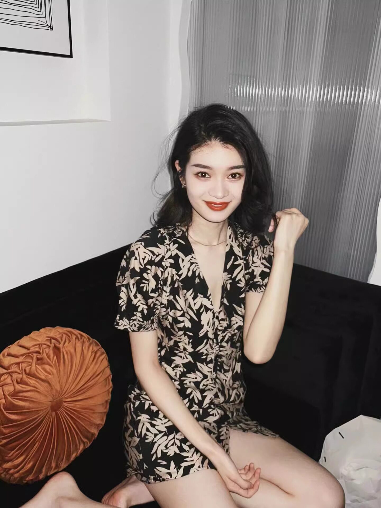 GROVE FOREVER 새 여름 프린트 반팔 드레스 여성 브이넥 하이엔드 슬림 꽃무늬 스커트