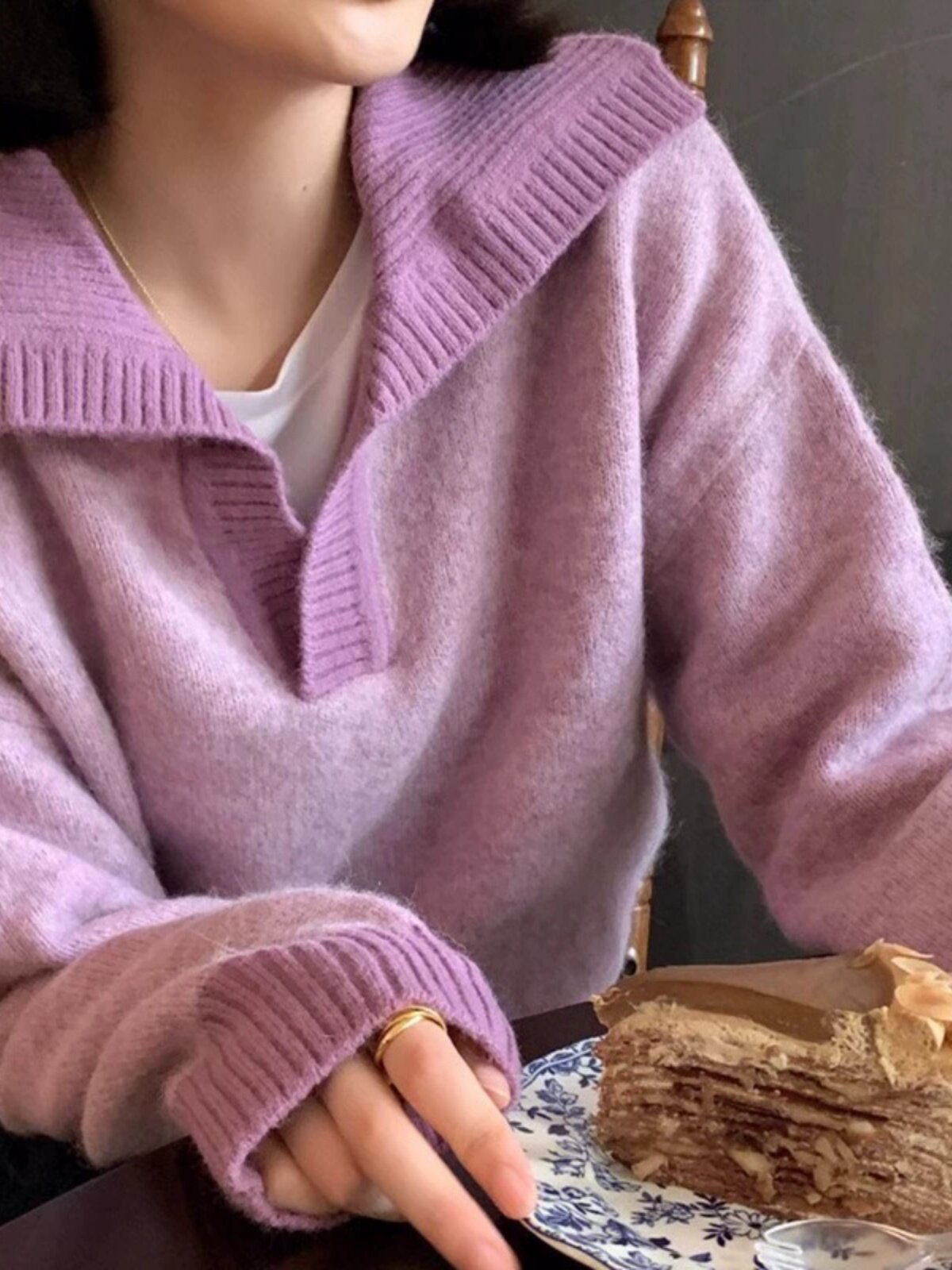 GROVE FOREVER 봄 가을 신상 고단 니치 니트 스웨터 대비색 라펠 스웨터