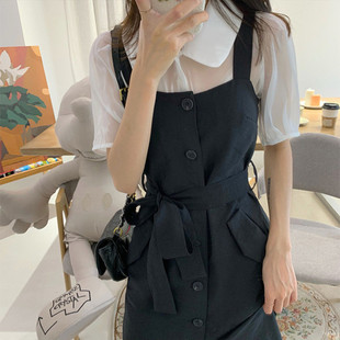 单排扣背带裙套装春夏韩版口袋收腰显瘦黑色减龄气质A字中长裙子