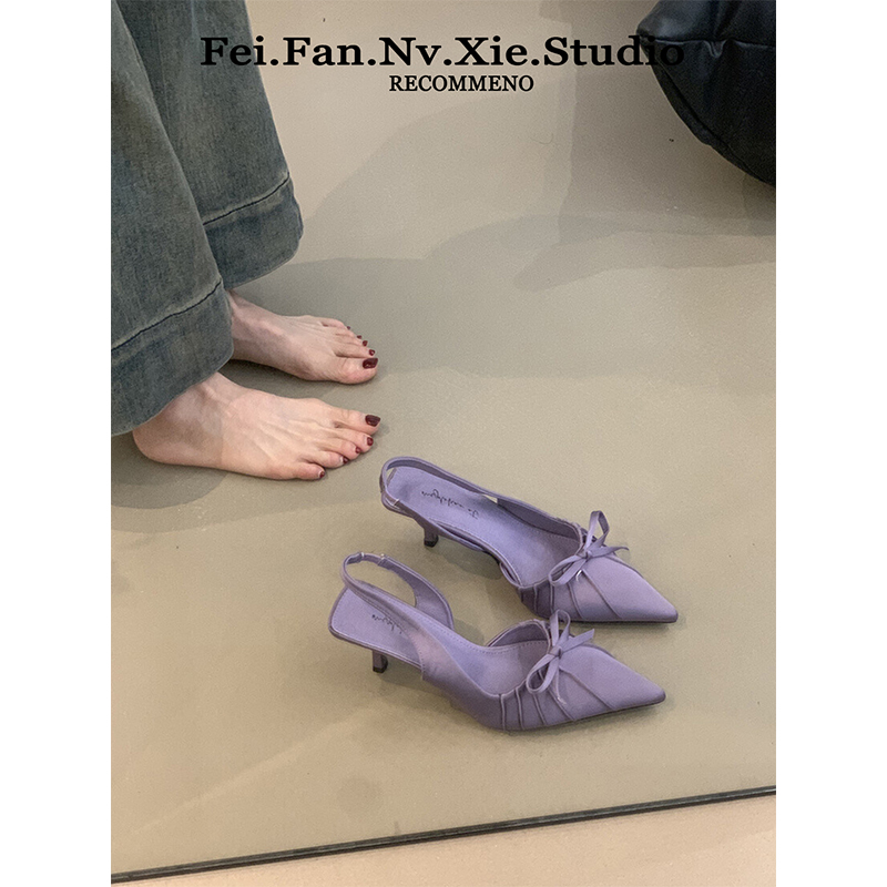 法式小眾高跟鞋女2025春夏季新款氣質(zhì)尖頭包頭涼鞋褶皺蝴蝶結(jié)單鞋