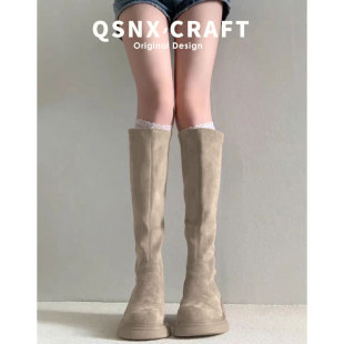 高跟厚底长靴子卡其色麂皮绒面高筒靴2024秋冬新款小个子长筒靴女