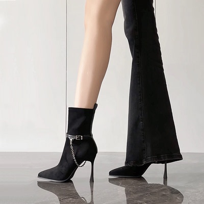 迪丽米迪 气质绒面弹力高跟瘦瘦靴女秋冬季尖头细跟黑色短靴子女